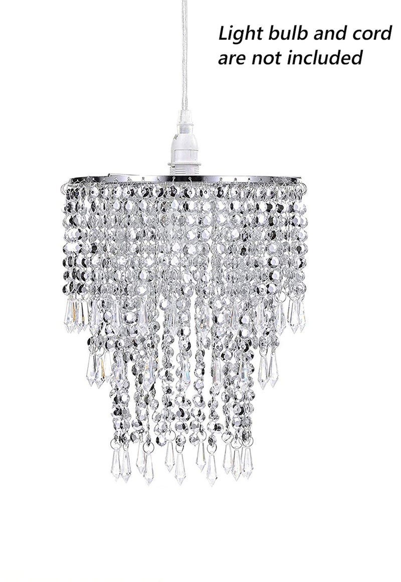 Waneway 3 Tier Beads Pendant Shade, Ceiling Chandelier Lampshade with Acrylic Jewel Droplets, Beaded Lampshade with Chrome Frame and Sparkling Beads, Diameter 8.7 inches, Silver - Image 3